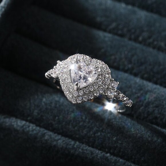 😍Diamond Heart CZ Shiny 14k White Gold Luxury Macro Pave Ring for Women, K852 - Picture 11 of 11